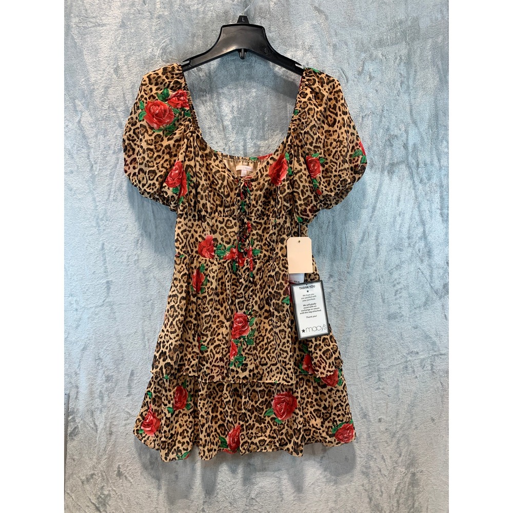 City Studio Womens Leopard Rose Print Tiered Ruffle Mini Dress Brown Red L NWT